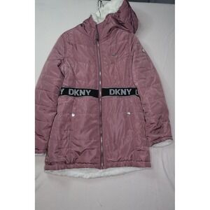 DKNY Women Mauve Pink Puffer Jacket Faux Fur Lined Hooded Logo Waist Coat